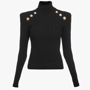 EXPRESS Black Turtleneck Sweater Military Gold Button Accent Balmain-Style Small